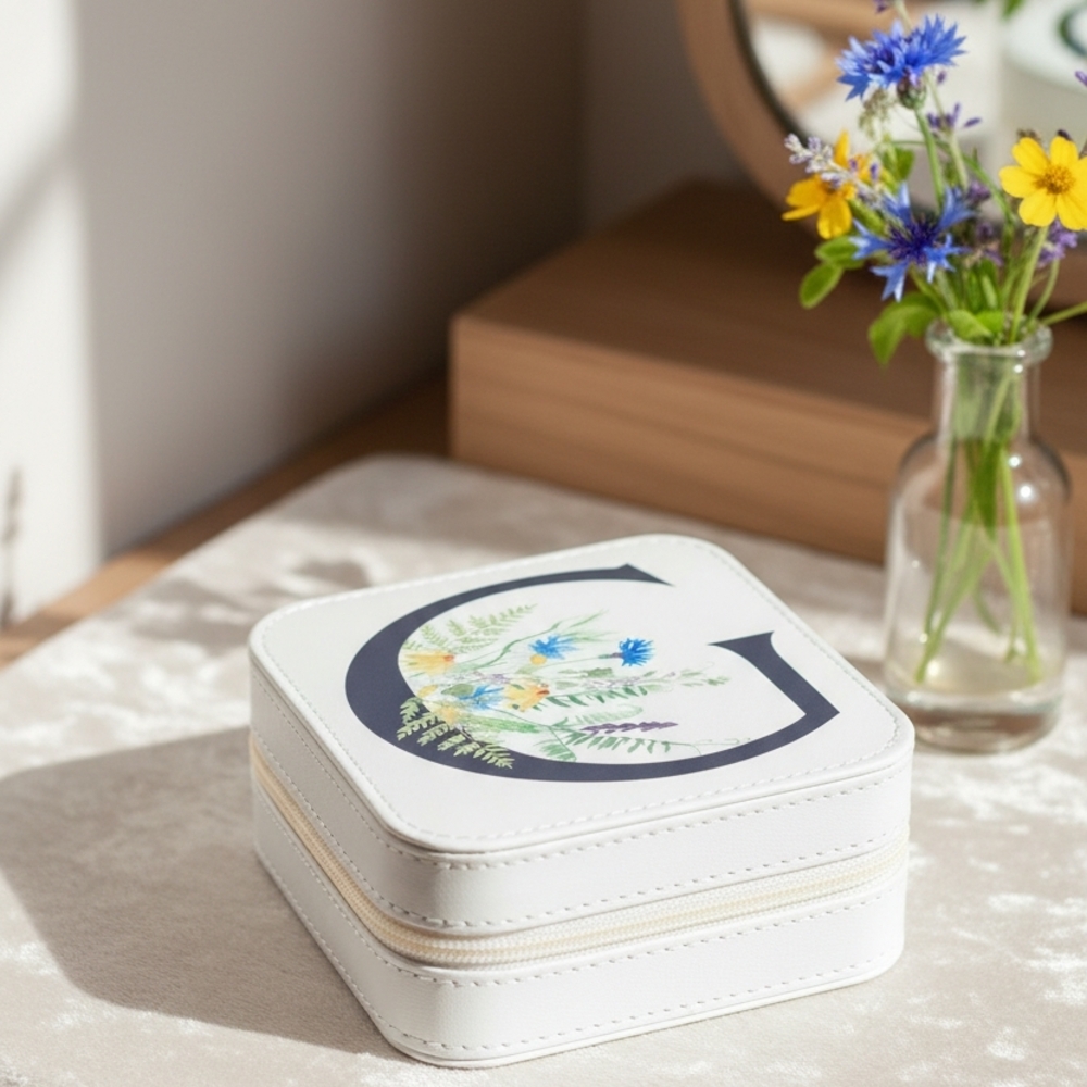 White Jewelry Box with Floral Initial G